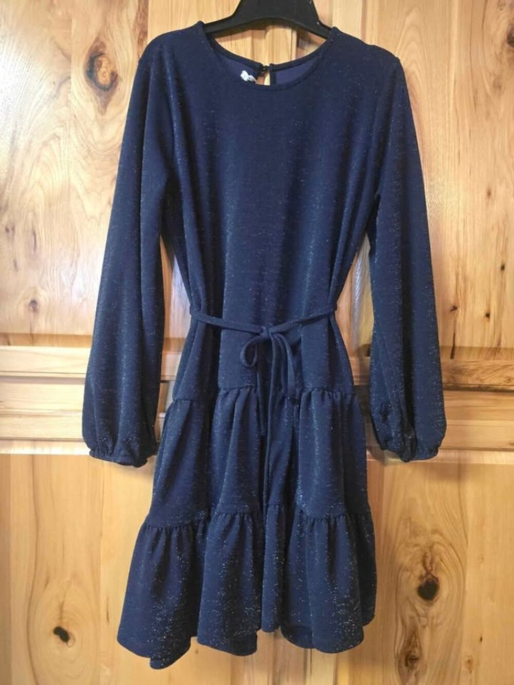 Maurices Metallic Tiered Long Sleeve Skater Dress Navy Blue Size Medium R